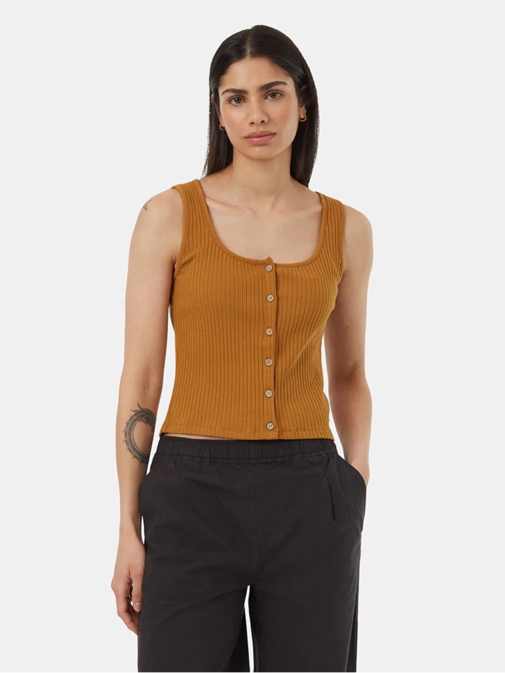 Tentree Women's Moraine Ribbed Button-Front Tank Top - Mustard